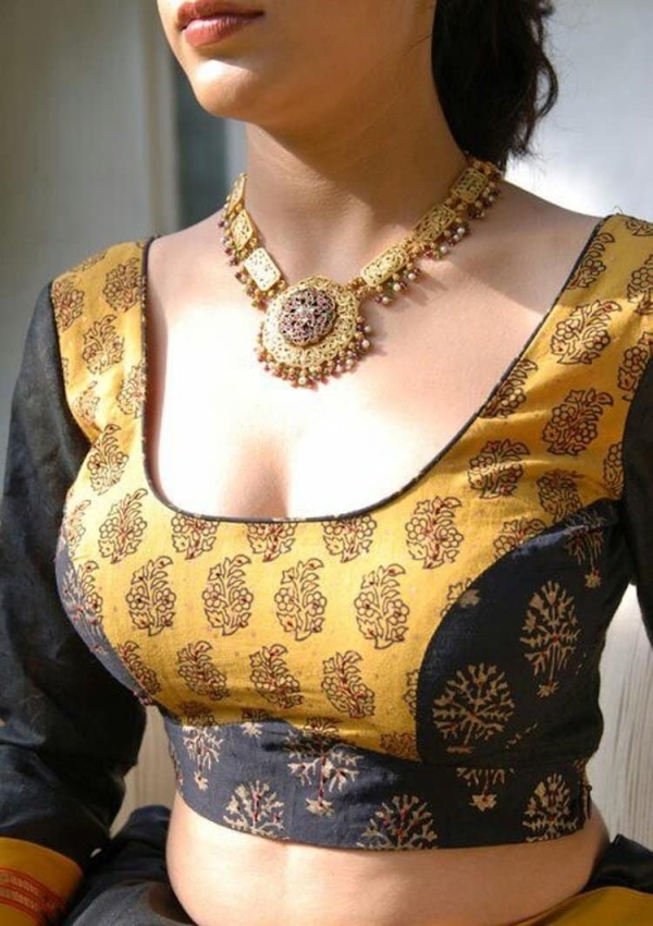 Plain Blouse Design With Tiled Up Traditional Motif